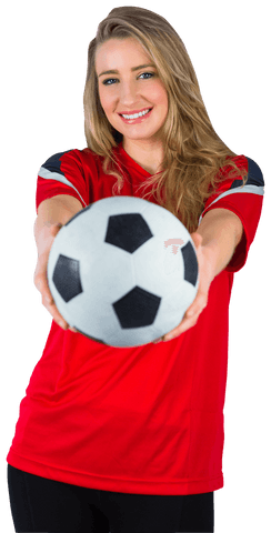 Smiling Female Soccer Fan Holding Ball Wearing Red Jersey Transparent Background
