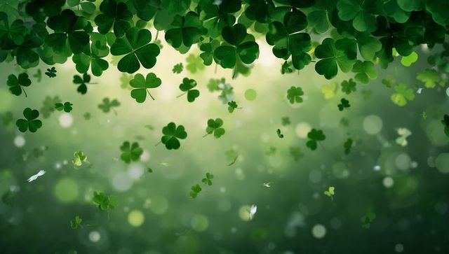 Floating shamrock canopy with drifting clover leaves and bokeh light for St Patricks Day designs