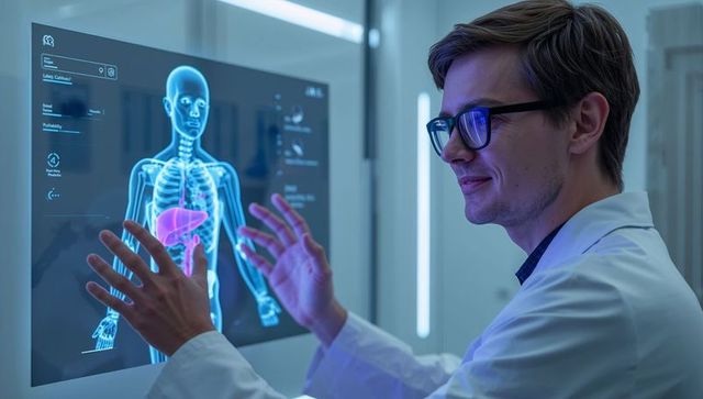 Young doctor interacting with holographic human anatomy display highlighting liver