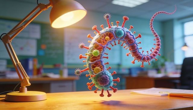 Floating helical virus model hovering above classroom desk under lamp, vibrant 3d render