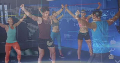 Group Fitness Team Stretching with Resistance Band and Futuristic Digital Health Overlay