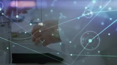 Scientist Using Precision Balance with Futuristic Overlay