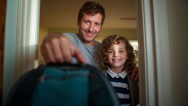 Smiling father and son at doorway handing backpack for school, morning family sendoff