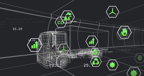 Digital Lorry with Eco Icons Representing Environmental Technology