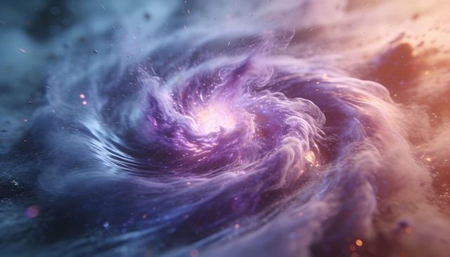 Swirling violet cosmic vortex with glowing core and sparkling stars, abstract nebula energy