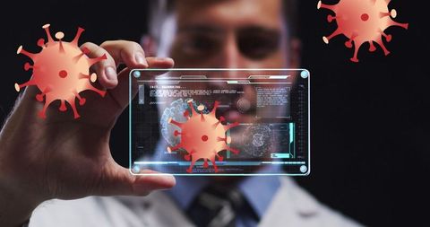 Scientist analyzing virus on futuristic digital screen