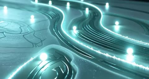 Glowing Spheres on Pulsing Neon Circuit Path