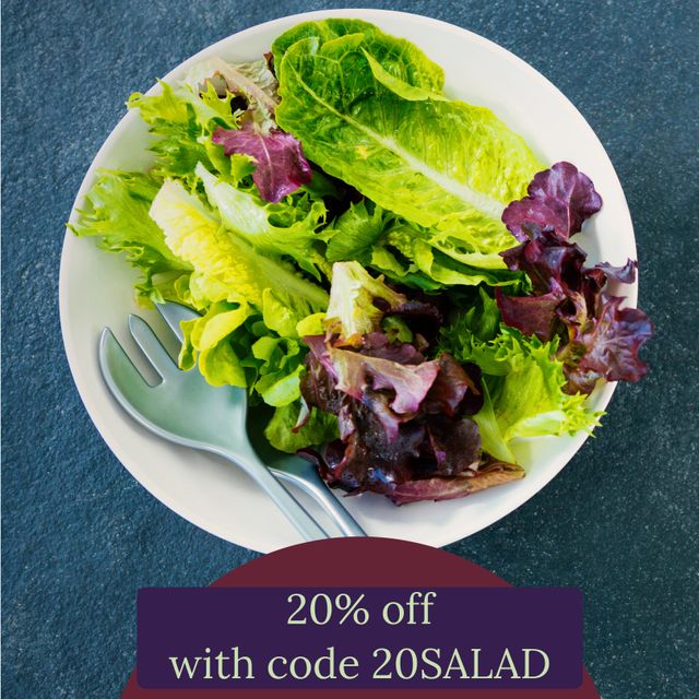 Composite of 20 percent off with code 20salad text over plate with vegetable salad - Download Free Stock Videos Pikwizard.com