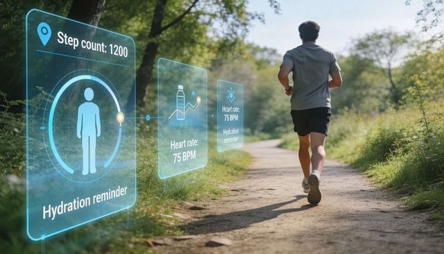 Jogger running on forest trail with ar fitness hud showing steps and heart rate