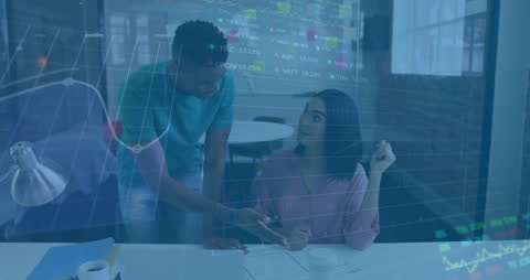 Diverse Colleagues Analyzing Stock Market Data with Financial Overlay