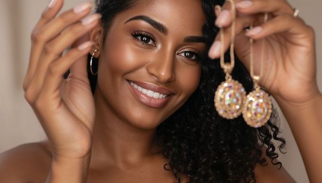 Smiling black woman holding gold pendant earrings with hoop and manicured nails