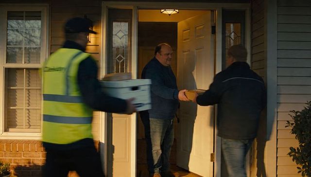 Homeowner receiving package at front door during dusk delivery couriers carrying boxes