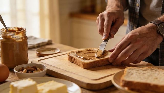 Hands spreading peanut butter on whole grain bread on sunlit kitchen counter for breakfast