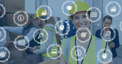 Smiling warehouse worker checking inventory with tablet and logistics overlay icons