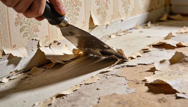 Stripping vintage floral wallpaper with metal scraper revealing adhesive and damaged plaster