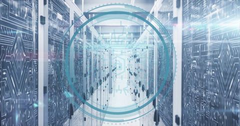 Cybersecurity lock overlaying data center servers