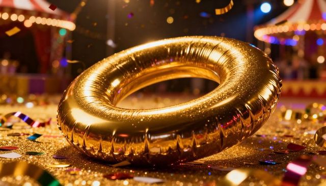Golden donut foil balloon sparkling on glittered table with carnival lights bokeh