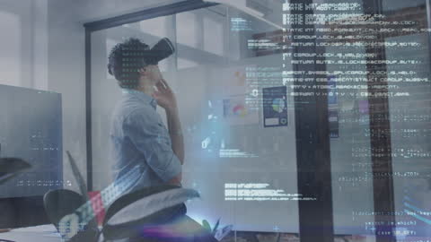 Man Experiencing Virtual Reality with Data Graphics