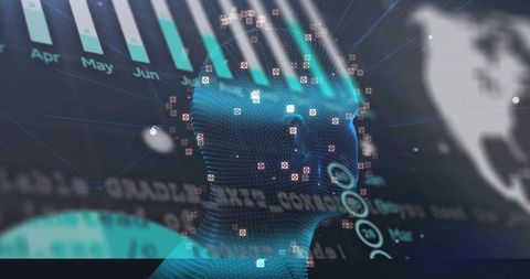 Rotating holographic wireframe head visualizing global analytics dashboard