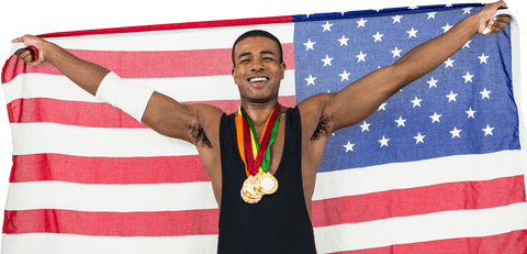 Victorious Athlete Holding USA Flag with Gold Medals Celebrates Achievement