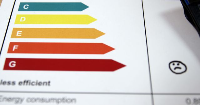Close-up of energy efficiency rating chart displaying a color-coded scale ranging from green (C) to red (G) indicating energy consumption levels. The right side shows a sad face symbol. Ideal for illustrating concepts of energy conservation, environmental impact, low efficiency appliances, or sustainability reports.