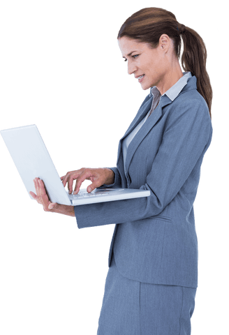Businesswoman in suit using laptop on transparent background