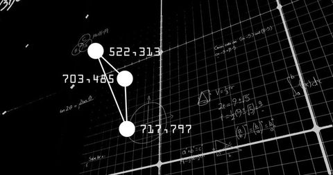 Monochrome network graph on grid with numeric data points and handwritten math notation