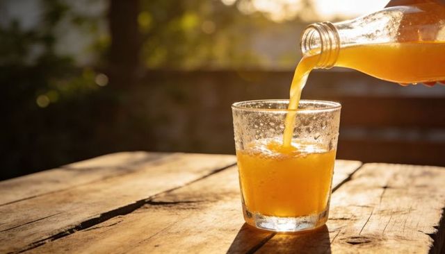 Sunlit orange juice being poured into glass on rustic wooden table