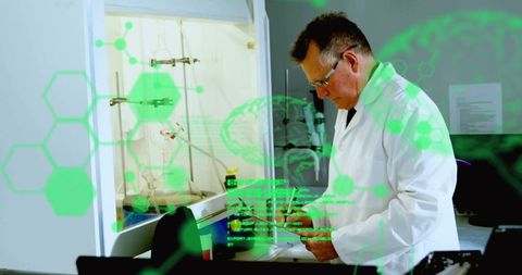 Scientist conducting experiment wearing safety attire overlaid with technology icons