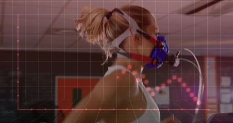 Female athlete treadmill testing with breathing mask and data analysis