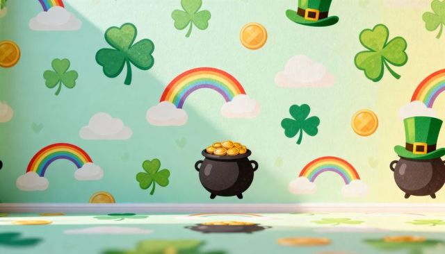 Whimsical st. Patrick's day pot of gold with rainbows and shamrocks on mint wallpaper floor