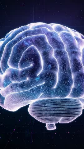 Rotating 3D digital brain revealing neural folds in starfield futuristic vertical video