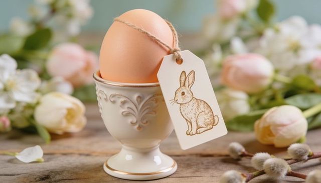 Rustic easter egg in vintage egg cup with rabbit tag and pastel tulips for spring decor