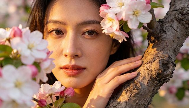 Gazing asian woman touching blossom-covered tree trunk at golden hour closeup portrait