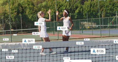 Tennis Players High-Fiving Over Net with Social Media Icons