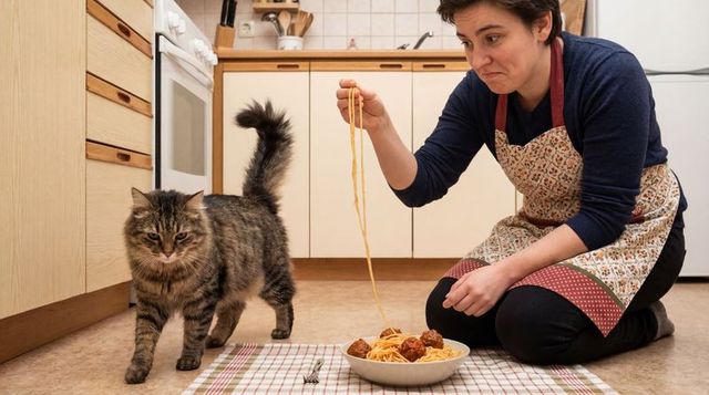 Woman kneeling on kitchen floor offering spaghetti to curious tabby cat
