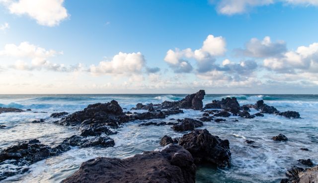 Rocky Ocean Shoreline With Waves And Cloudy Sky - Download Free Stock Photos Pikwizard.com