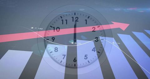 Translucent clock over financial bar and line graph showing growth trend and analytics