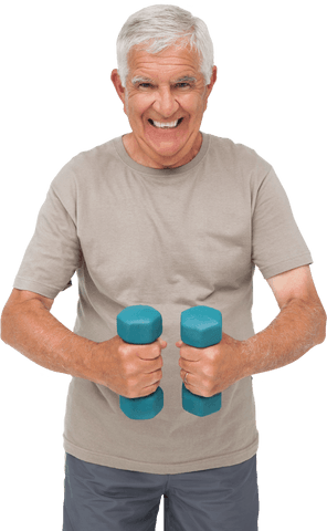 Smiling senior man lifting dumbbells on transparent background