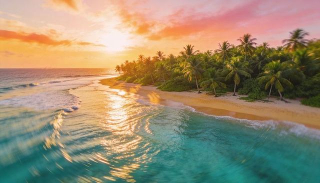 Golden sunset painting tropical shoreline with coconut palms, turquoise sea and wet sand