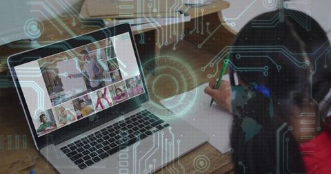Student writing during virtual lesson attending remote classroom with laptop HUD overlay