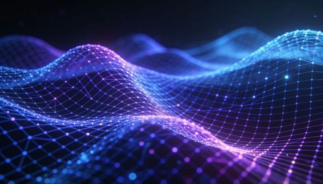 Flowing 3d wireframe mesh creating neon blue purple waves across futuristic virtual grid