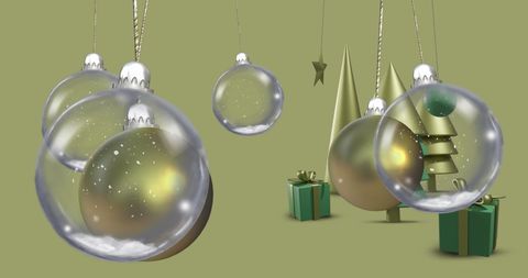Festive Floating Christmas Baubles with Gifts on Yellow Background