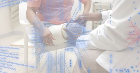 Orthopedic doctor adjusting knee cast and bandage, patient assessment with digital overlay