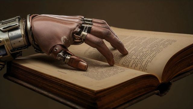 Steampunk prosthetic hand on antique book evokes vintage innovation