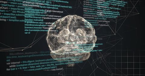 Pulsing 3D hologram brain reacting to streaming data with wireframe nodes, scrolling code