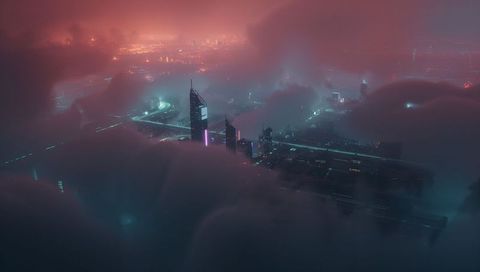 Skyscraper cluster rising through neon fog at night with cyan and magenta city glow