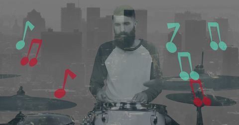 Artistic Expression with Cityscape and Music Notes