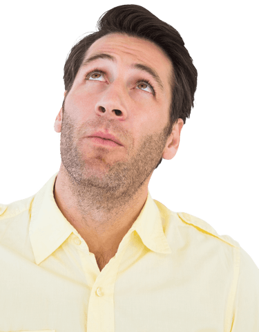 Transparent adult man in shirt looking upward