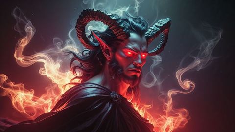 Sinister satan with ram horns emerging from flames